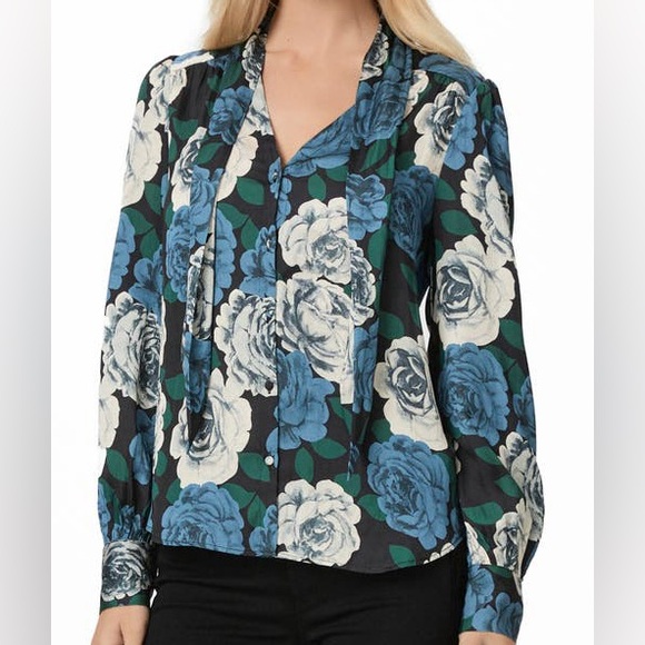 New Paige x Anthropologie Cleobelle Scarf Lg Blue Black Floral Silky Buttondown - Picture 14 of 14